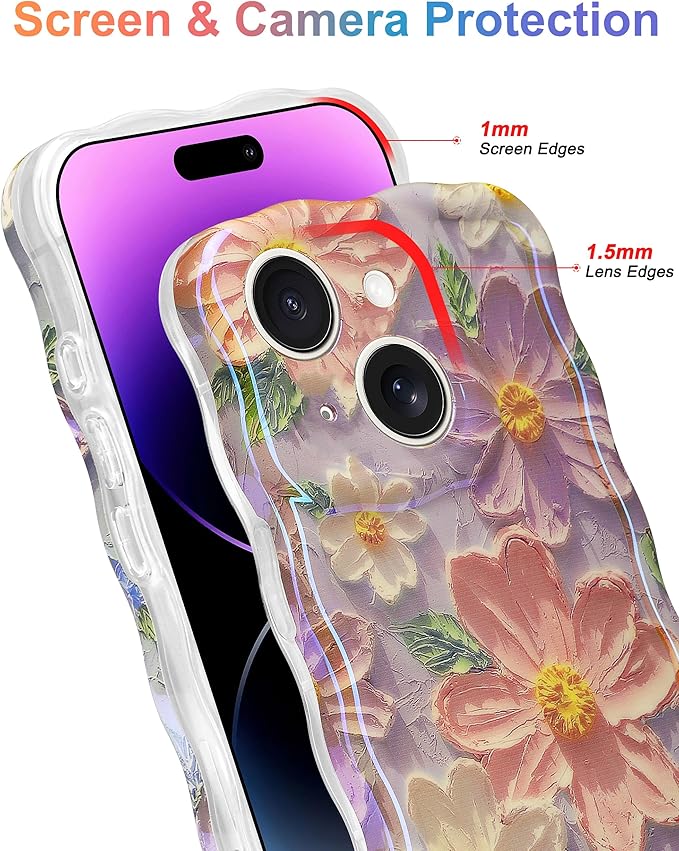 Jusy Compatible with iPhone 14 Plus/15 Plus, Colorful Retro Oil Painting Printed Flower Laser Glossy Pattern Cute Curly Wave Phone Case Soft TPU Cover for Girly Women - Light Purple