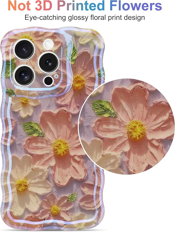 Jusy Compatible with iPhone 13 Pro Max, Colorful Retro Oil Painting Printed Flower Laser Glossy Pattern Cute Curly Wave Phone Case Soft TPU Cover for Girly Women - Light Purple