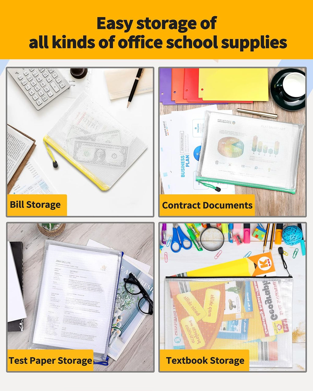 SUNEE 12pcs Mesh Zipper Pouch 11x16, Large Storage Bags for Board Game & Puzzle Organizing, Reusable Plastic Zip Organizer for Travel (A3, 6 Colors)