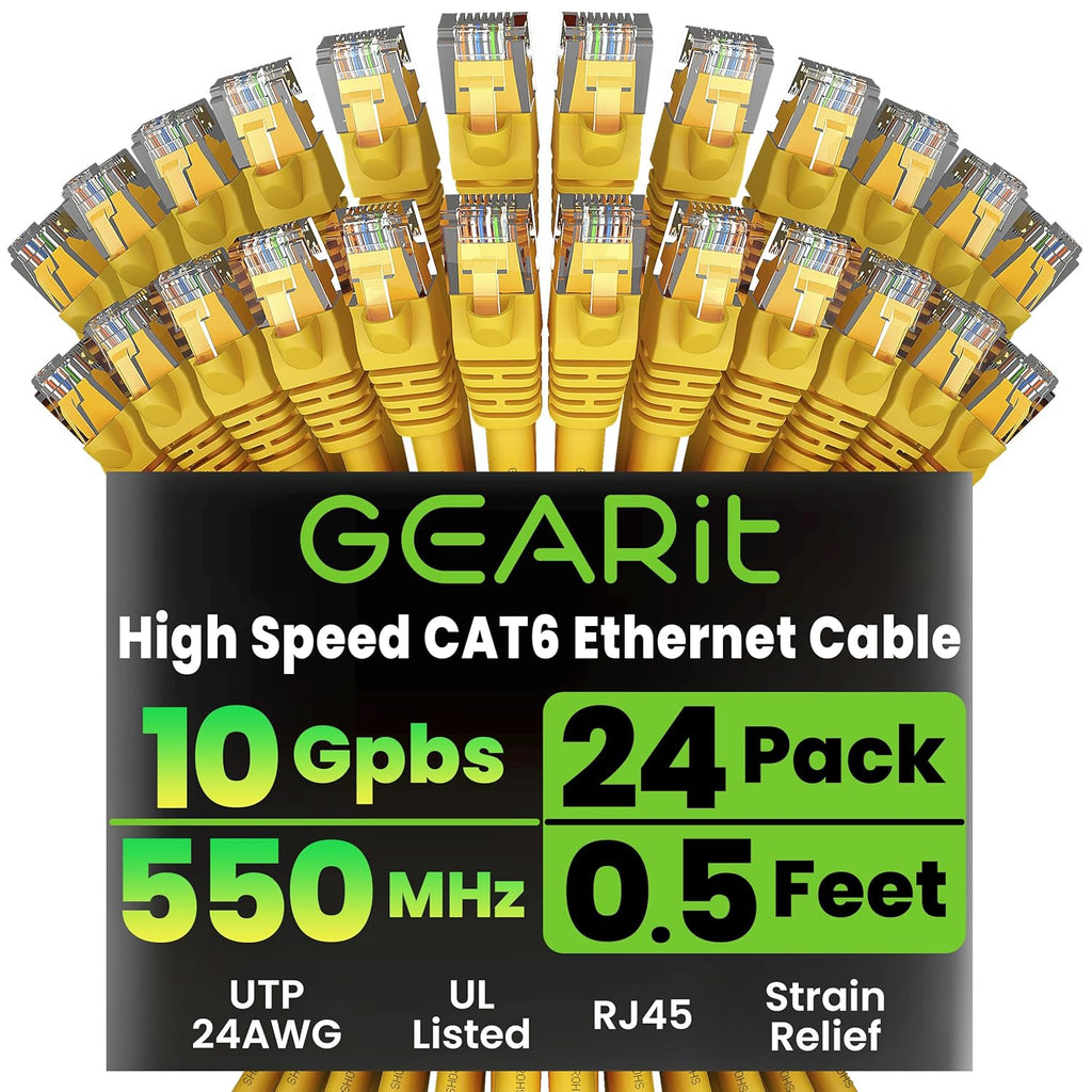 GearIT Cat 6 Ethernet Cable (24-Pack 0.5 Feet) Cat6 Network Patch, 10Gbps, RJ45, Snagless Cord, Gold-Plated Connectors, Internet for PC, TV, Tablet, Router, Printer, Servers, IT Data Center - Yellow