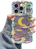 Jusy Compatible with iPhone 11 Pro Max, Colorful Retro Oil Painting Printed Flower Laser Glossy Pattern Cute Curly Wave Phone Case Soft TPU Cover for Girly Women - Purple Moon