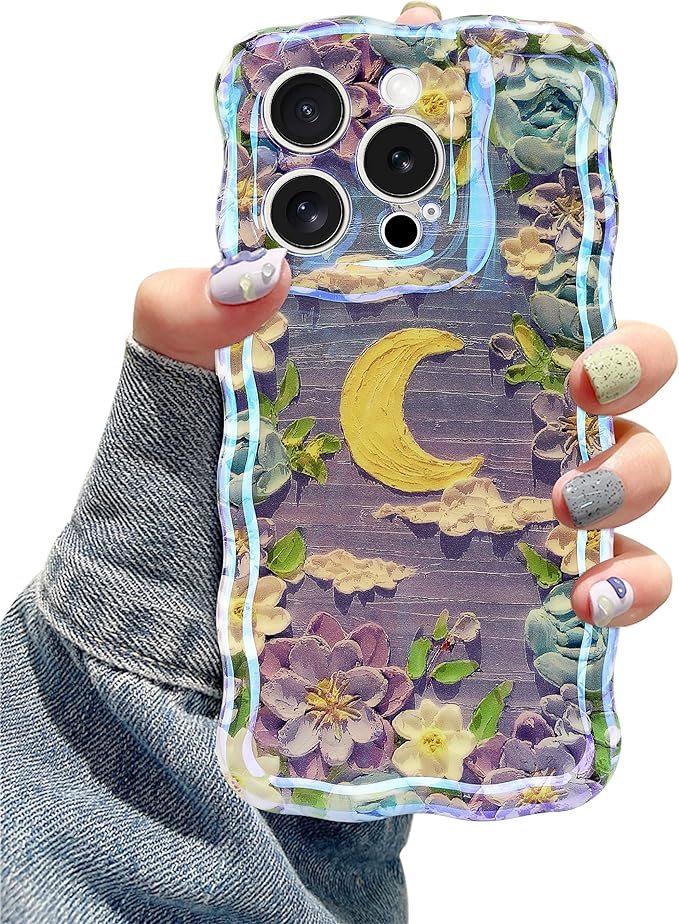 Jusy Compatible with iPhone 11 Pro Max, Colorful Retro Oil Painting Printed Flower Laser Glossy Pattern Cute Curly Wave Phone Case Soft TPU Cover for Girly Women - Purple Moon