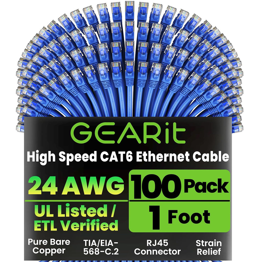 GearIT Cat 6 Ethernet Cable Pack - 100-Pack 1 ft Cat6 Ethernet Patch Cables | RJ45 Network Patch Cable, 10 Gbps Snagless Gold-Plated Connectors - Ethernet Cable Cat 6 for PC, TV, Router - Blue