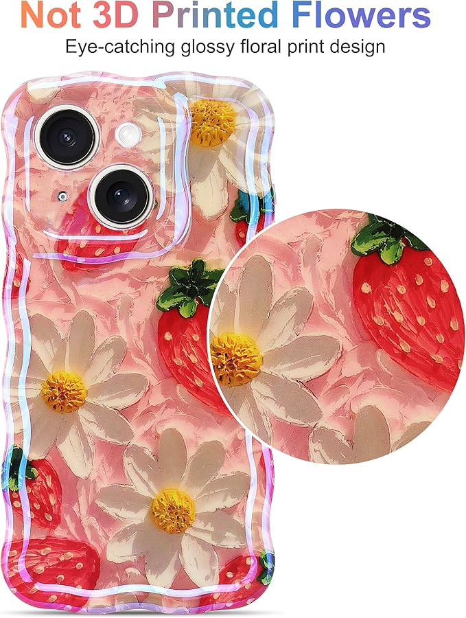 Jusy Compatible with iPhone 15, Colorful Retro Oil Painting Printed Flower Laser Glossy Pattern Cute Curly Wave Phone Case Soft TPU Cover for Girly Women - Strawberry Flower