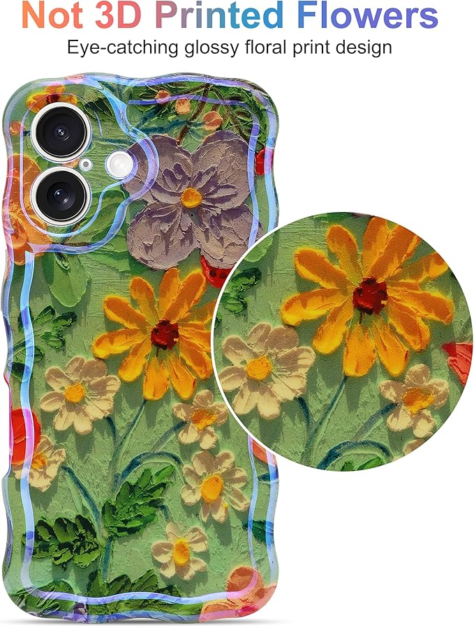 Jusy Compatible with iPhone 16, Colorful Retro Oil Painting Printed Flower Laser Glossy Pattern Cute Curly Wave Phone Case Soft TPU Cover for Girly Women - Green Yellow