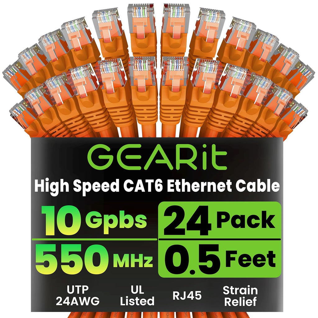 GearIT Cat 6 Ethernet Cable (24-Pack 0.5 Feet) Cat6 Network Patch, 10Gbps, RJ45, Snagless Cord, Gold-Plated Connectors, Internet for PC, TV, Tablet, Router, Printer, Servers, IT Data Center - Orange