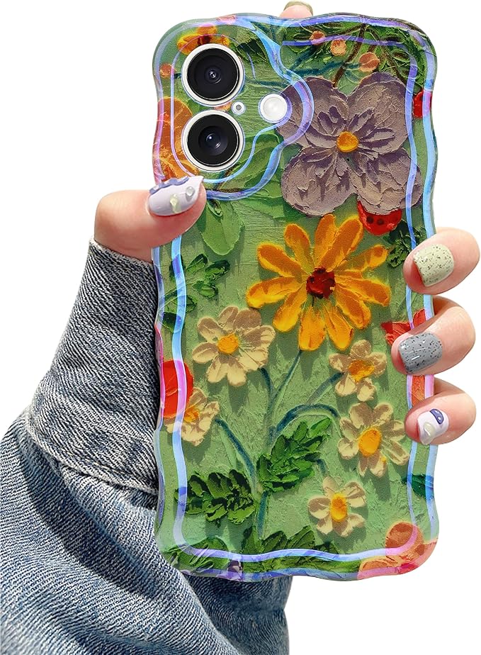 Jusy Compatible with iPhone 16, Colorful Retro Oil Painting Printed Flower Laser Glossy Pattern Cute Curly Wave Phone Case Soft TPU Cover for Girly Women - Green Yellow
