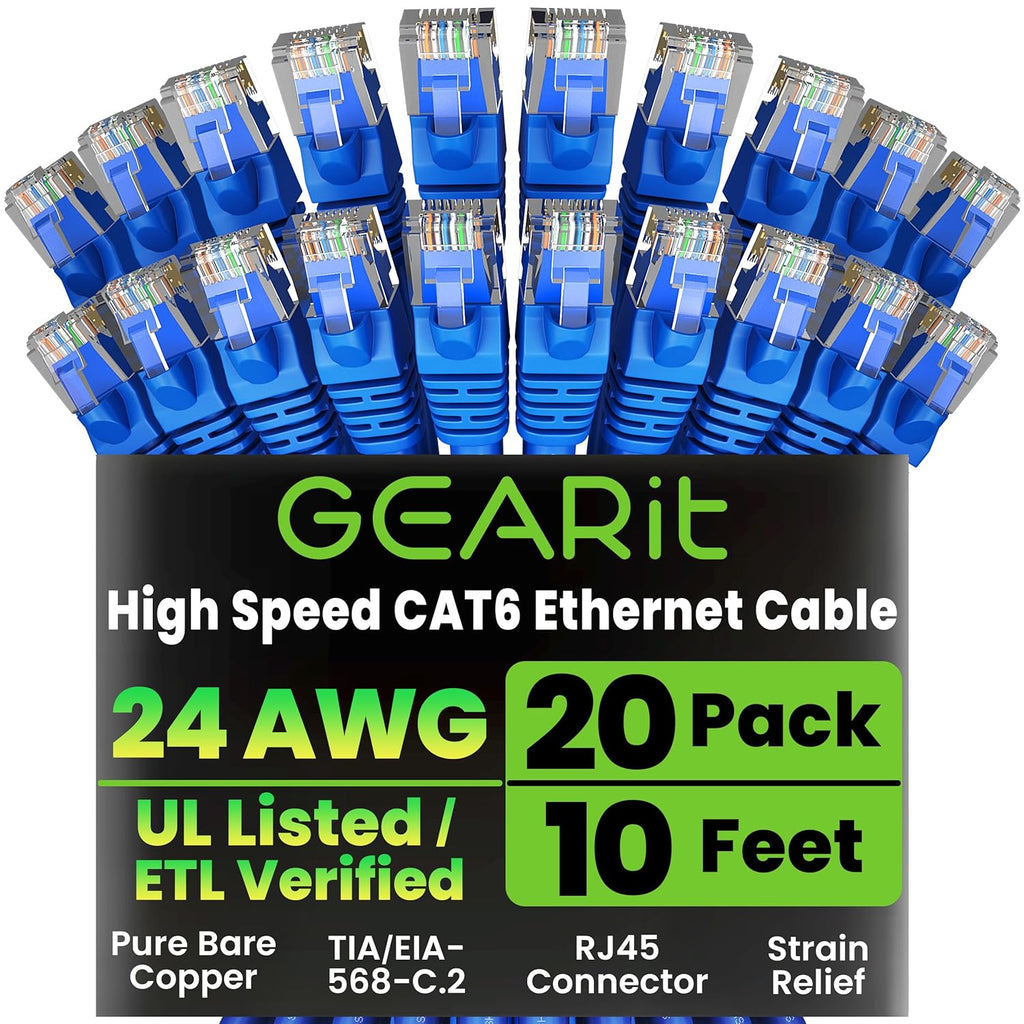 GearIT Cat 6 Ethernet Cable Pack - 20-Pack 10 ft Cat6 Ethernet Patch Cables | RJ45 Network Patch Cable, 10 Gbps Snagless Gold-Plated Connectors - Ethernet Cable Cat 6 for PC, TV, Router - Blue