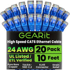 GearIT Cat 6 Ethernet Cable Pack - 20-Pack 10 ft Cat6 Ethernet Patch Cables | RJ45 Network Patch Cable, 10 Gbps Snagless Gold-Plated Connectors - Ethernet Cable Cat 6 for PC, TV, Router - Blue