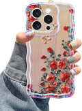 Jusy Compatible with iPhone 15 Pro, Colorful Retro Oil Painting Printed Flower Laser Glossy Pattern Cute Curly Wave Phone Case Soft TPU Cover for Girly Women -Beige