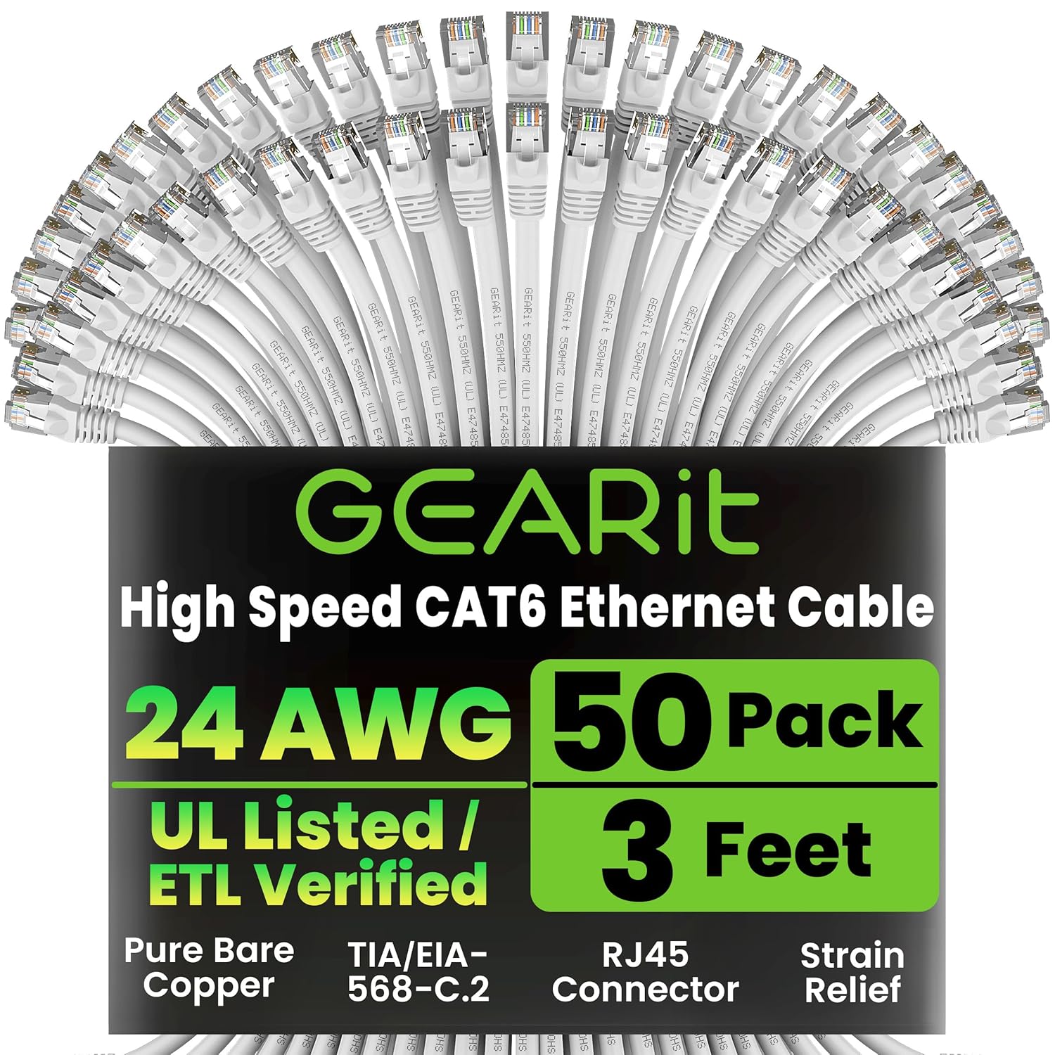 GEARit Cat 6 Ethernet Cable (50-Pack 3 Feet) Cat6 Network Patch, 10Gbps, RJ45, Snagless Cord, Gold-Plated Connectors, Internet for PC, TV, Tablet, Router, Printer, Servers, IT Data Center - White