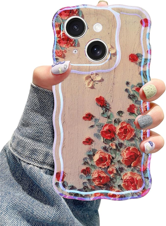 Jusy Compatible with iPhone 14, Colorful Retro Oil Painting Printed Flower Laser Glossy Pattern Cute Curly Wave Phone Case Soft TPU Cover for Girly Women -Beige