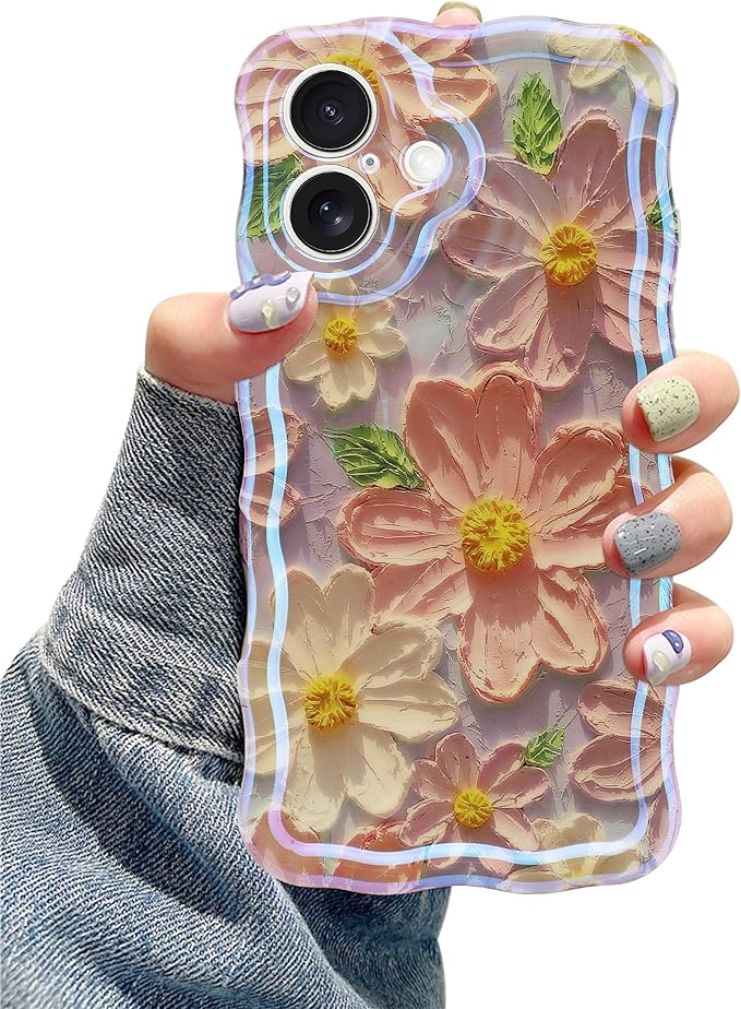 Jusy Compatible with iPhone 16 Plus, Colorful Retro Oil Painting Printed Flower Laser Glossy Pattern Cute Curly Wave Phone Case Soft TPU Cover for Girly Women - Light Purple