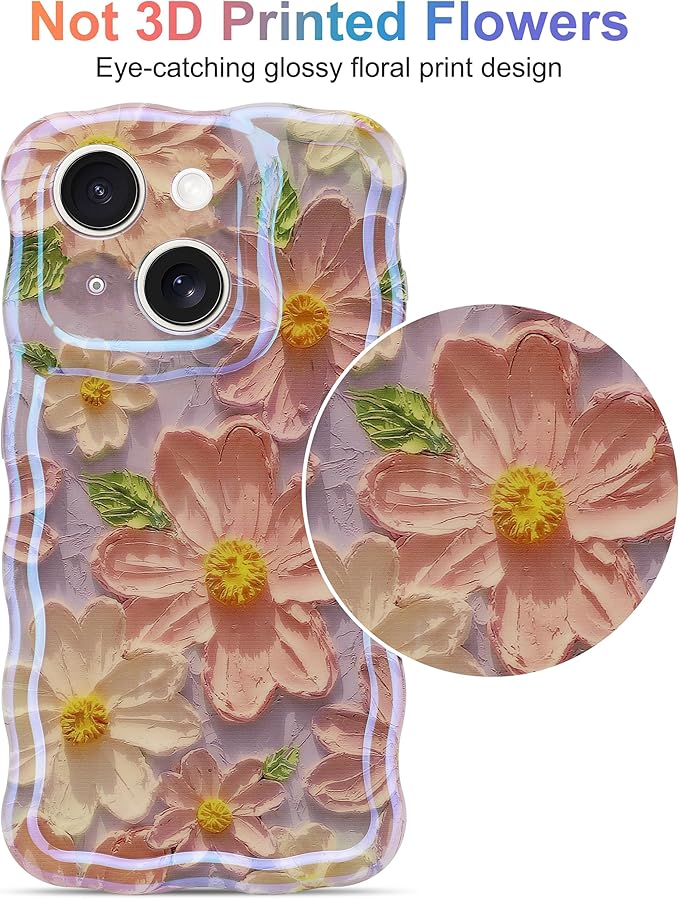 Jusy Compatible with iPhone 14 Plus/15 Plus, Colorful Retro Oil Painting Printed Flower Laser Glossy Pattern Cute Curly Wave Phone Case Soft TPU Cover for Girly Women - Light Purple