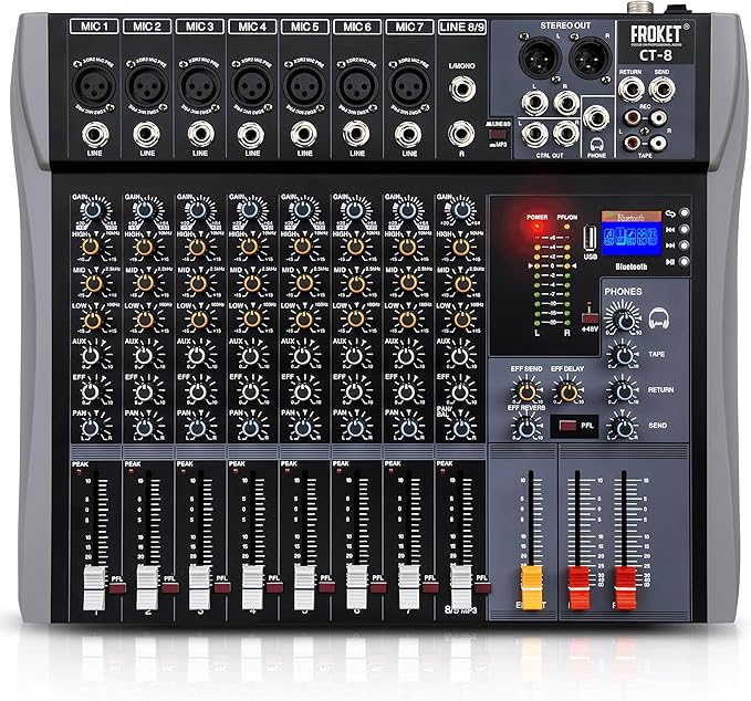 Pro DJ Mixer 8-Channel Audio Console - Bluetooth/USB Streaming, 48V Phantom Power, 3-Band EQ for Live Stage, Recording Studio & Karaoke Systems (CT-8)