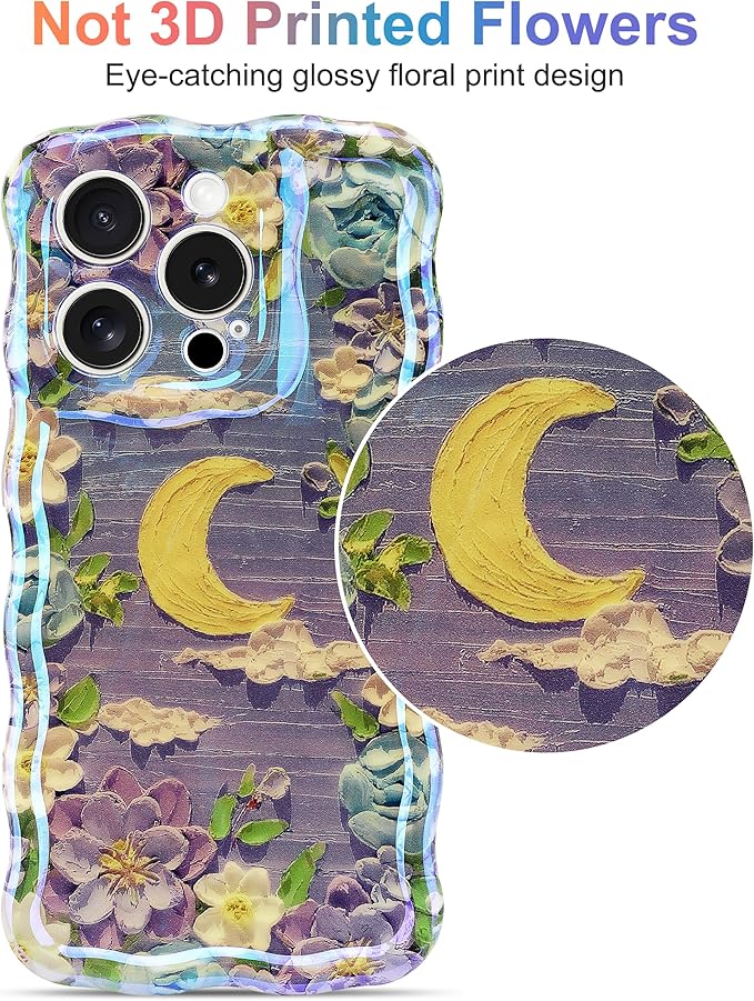 Jusy Compatible with iPhone 14 Pro Max, Colorful Retro Oil Painting Printed Flower Laser Glossy Pattern Cute Curly Wave Phone Case Soft TPU Cover for Girly Women - Purple Moon