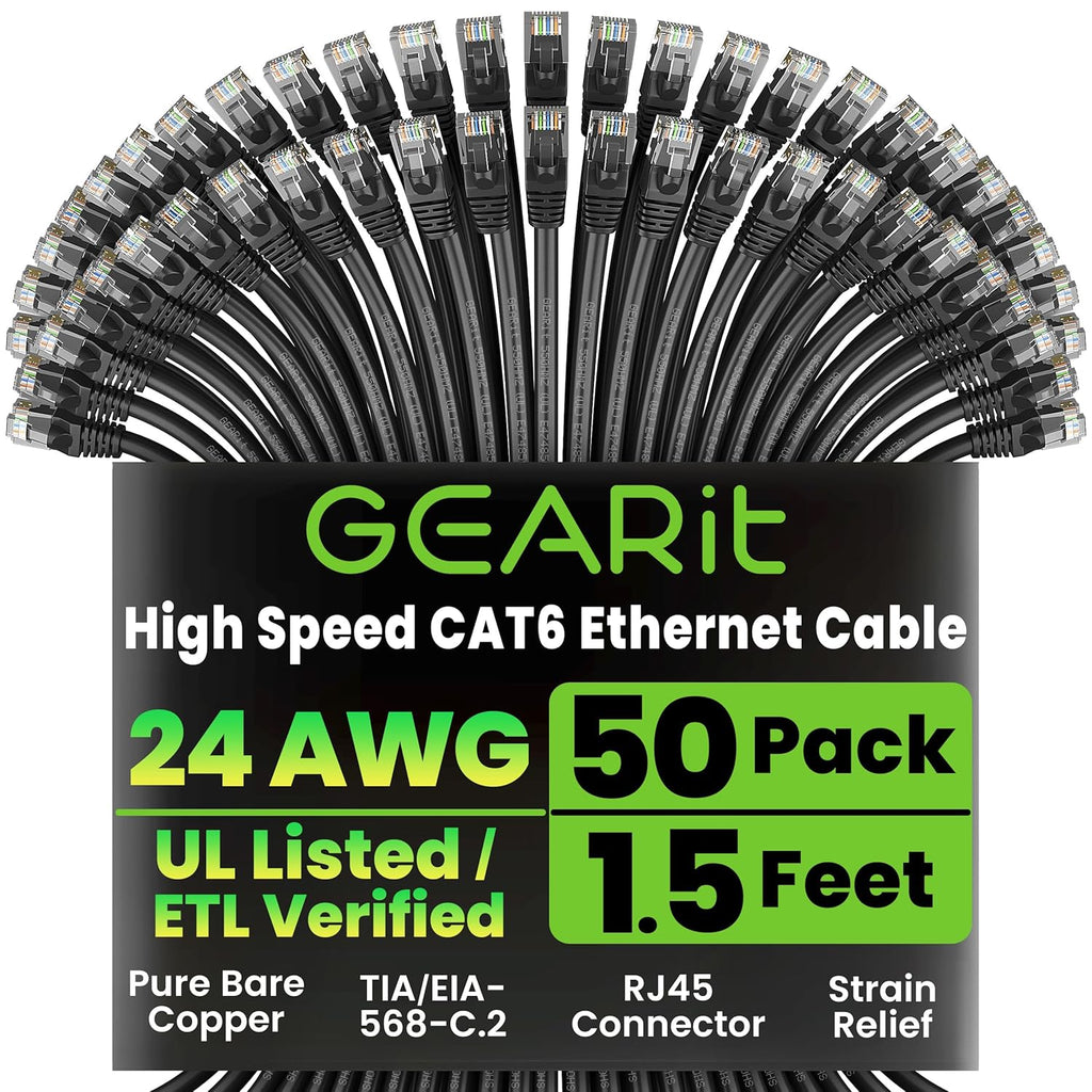 GEARit Cat 6 Ethernet Cable Pack - 50-Pack 1.5 ft Cat6 Ethernet Patch Cables | RJ45 Network Patch Cable, 10 Gbps Snagless Gold-Plated Connectors - Ethernet Cable Cat 6 for PC, TV, Router - Black