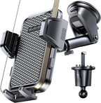 Adjustable Windshield Phone Mount for Car, Suction Cup Dashboard Holder for All Cell Phone, (+Vent Hook) [Military Grade Stable], Non-Slip Silicone Carbon Fiber, (Black)