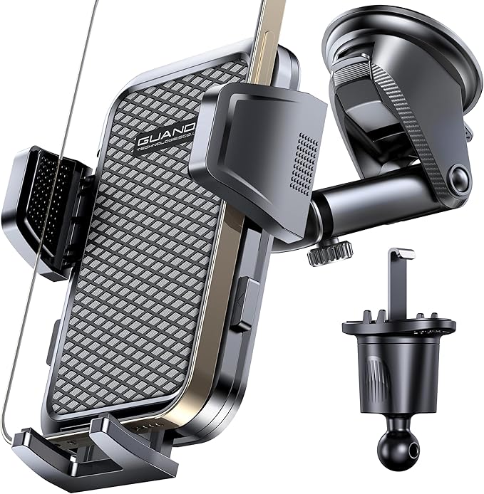 Adjustable Windshield Phone Mount for Car, Suction Cup Dashboard Holder for All Cell Phone, (+Vent Hook) [Military Grade Stable], Non-Slip Silicone Carbon Fiber, (Black)