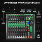 8 Channel Audio Mixer, Professional DJ Mixer Board Sound Music Mixing Console Digital Mixer with Reverb, Bluetooth, USB Port, 48V Phantom Power for Recording Karaoke Podcasting