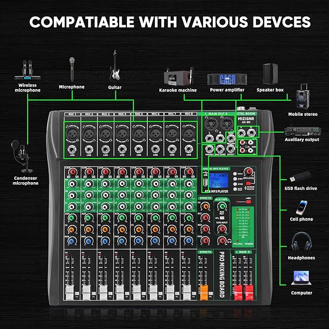 8 Channel Audio Mixer, Professional DJ Mixer Board Sound Music Mixing Console Digital Mixer with Reverb, Bluetooth, USB Port, 48V Phantom Power for Recording Karaoke Podcasting