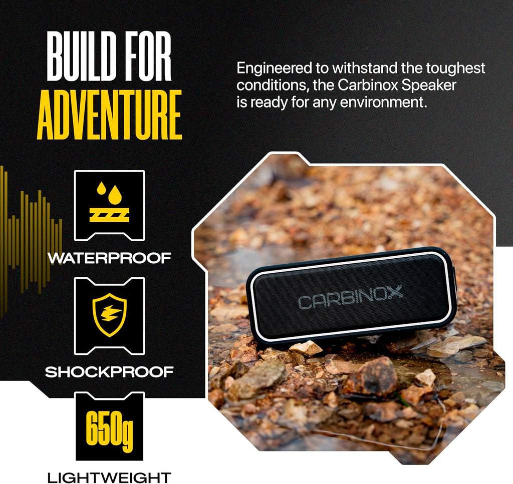 CARBINOX Portable Bluetooth Speaker with IPX7 Waterproof, Type-C Fast Charging, 3D Surround Sound, 18m Range, Black