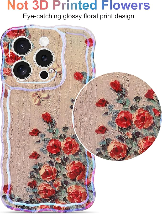 Jusy Compatible with iPhone 15 Pro, Colorful Retro Oil Painting Printed Flower Laser Glossy Pattern Cute Curly Wave Phone Case Soft TPU Cover for Girly Women -Beige