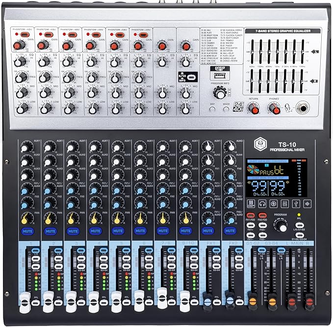 W IN-MIX Professional DJ Audio Mixer,10 Channel with 99DSP Digital Effects, MP3 Player, 48V Phantom Power with Independent Mute Switches Audio Console For Studio & Stage