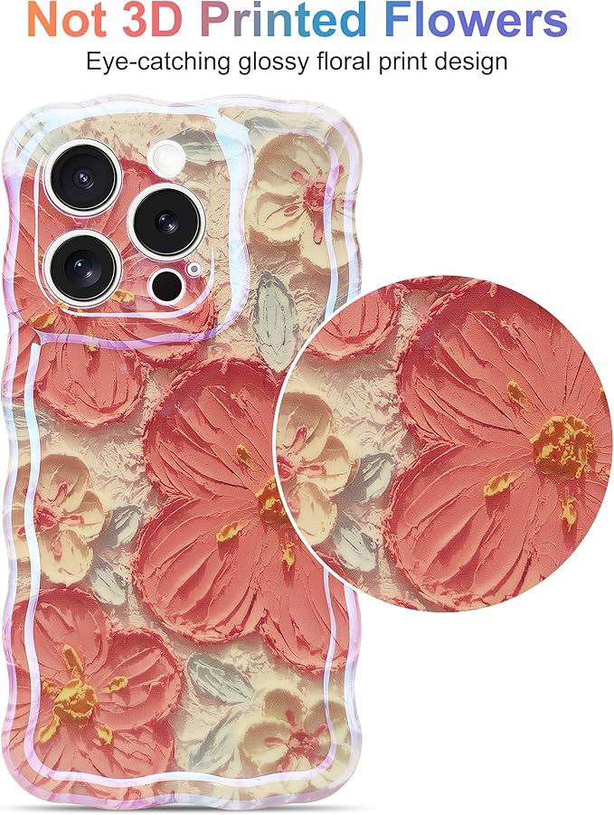 Jusy Compatible with iPhone 13 Pro Max, Colorful Retro Oil Painting Printed Flower Laser Glossy Pattern Cute Curly Wave Phone Case Soft TPU Cover for Girly Women - Orange White