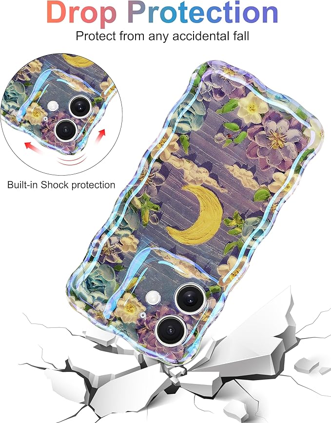 Jusy Compatible with iPhone 12, Colorful Retro Oil Painting Printed Flower Laser Glossy Pattern Cute Curly Wave Phone Case Soft TPU Cover for Girly Women - Purple Moon