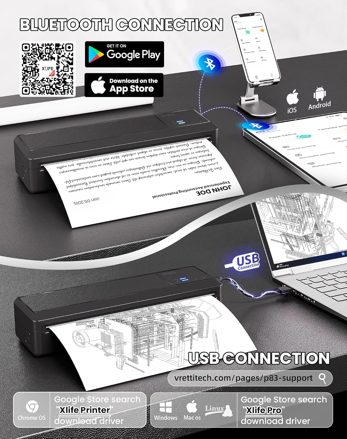 vretti P83 Portable Printers Wireless for Travel, A4 Portable Thermal Printer, Mobile Inkless Printer Compatible with Phone & Laptop, Supports 8.5 x 11 US Letter for Car School Office Home Use, Black