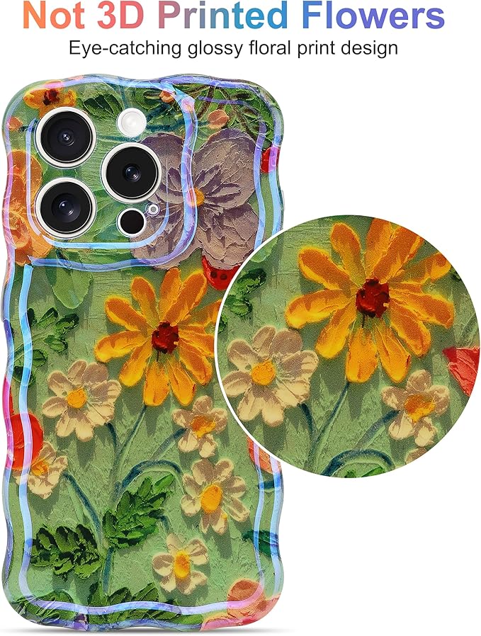 Jusy Compatible with iPhone 14 Pro Max, Colorful Retro Oil Painting Printed Flower Laser Glossy Pattern Cute Curly Wave Phone Case Soft TPU Cover for Girly Women - Green Yellow