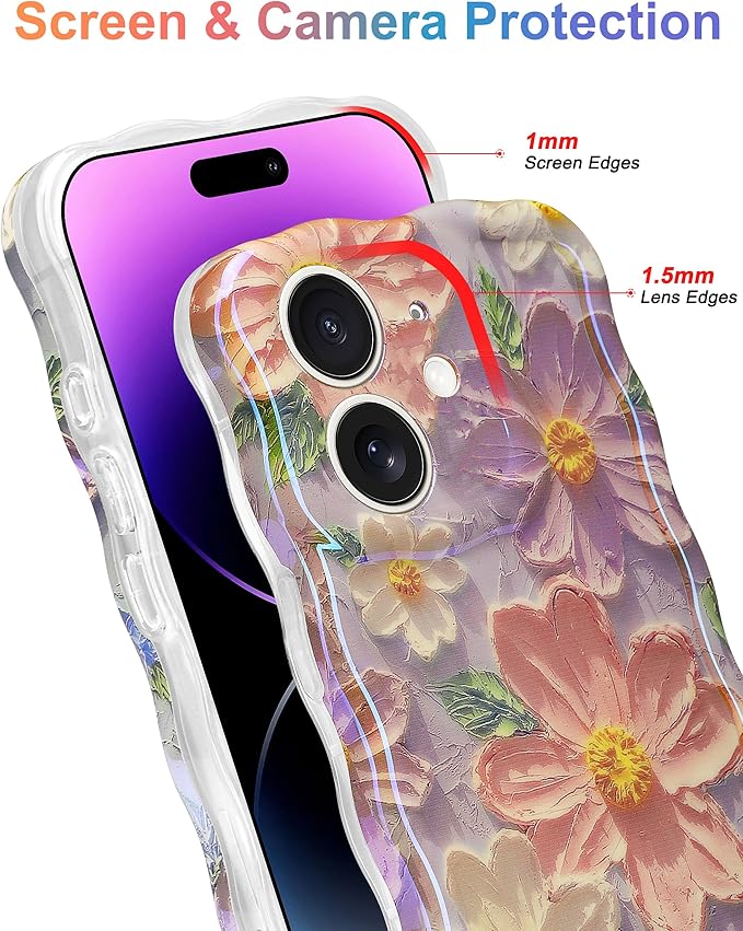 Jusy Compatible with iPhone 11, Colorful Retro Oil Painting Printed Flower Laser Glossy Pattern Cute Curly Wave Phone Case Soft TPU Cover for Girly Women - Light Purple