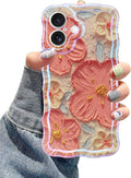 Jusy Compatible with iPhone 16, Colorful Retro Oil Painting Printed Flower Laser Glossy Pattern Cute Curly Wave Phone Case Soft TPU Cover for Girly Women - Orange White