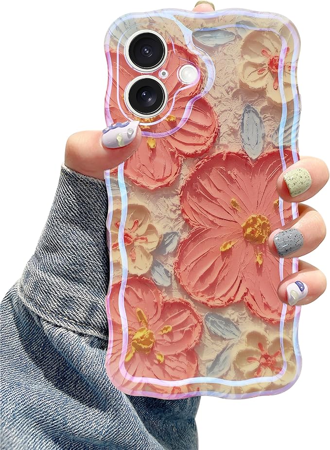 Jusy Compatible with iPhone 16, Colorful Retro Oil Painting Printed Flower Laser Glossy Pattern Cute Curly Wave Phone Case Soft TPU Cover for Girly Women - Orange White