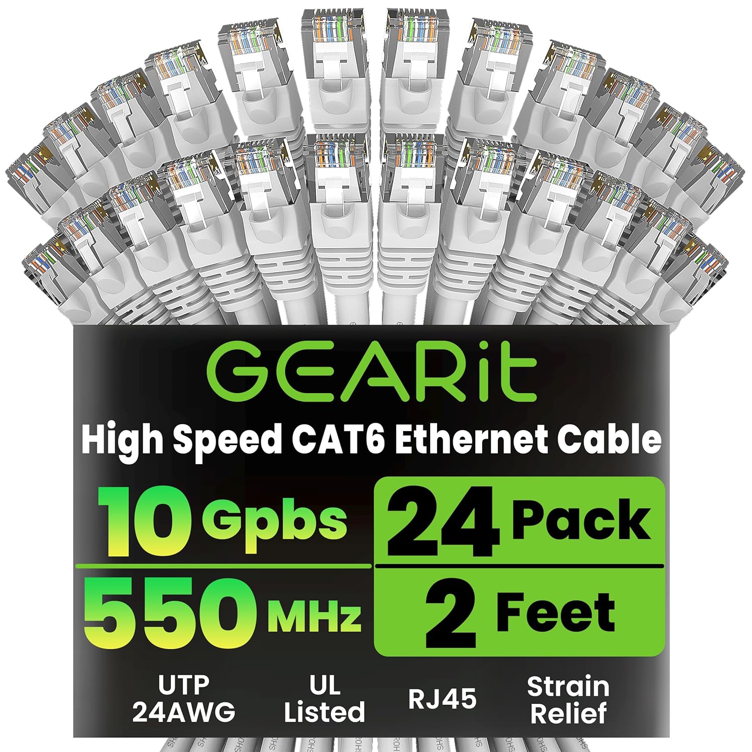GearIT Cat 6 Ethernet Cable (24-Pack 2 Feet) Cat6 Network Patch, 10Gbps, RJ45, Snagless Cord, Gold-Plated Connectors, Internet for PC, TV, Tablet, Router, Printer, Servers, IT Data Center - White