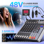 Professional Audio Mixer Sound Board 6 Channel Audio Desk System Interface Digital DJ Console with Bluetooth USB Sound Audio Mixing Console for Karaoke Studio Party Recording Broadcast (CT-6)