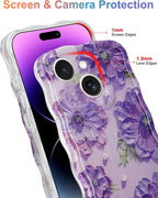 Jusy Compatible with iPhone 14 Plus/15 Plus, Colorful Retro Oil Painting Printed Flower Laser Glossy Pattern Cute Curly Wave Phone Case Soft TPU Cover for Girly Women -Purple