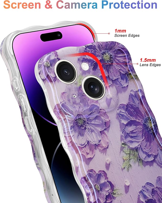 Jusy Compatible with iPhone 14 Plus/15 Plus, Colorful Retro Oil Painting Printed Flower Laser Glossy Pattern Cute Curly Wave Phone Case Soft TPU Cover for Girly Women -Purple
