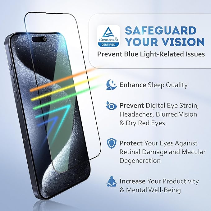 Deppa |2 Pack| for iPhone 16 Pro (6.3') Anti-Blue Light Screen Protector | Scratch Resistant Tempered Glass | 3D Edge to Edge Coverage | Easy Installation Kit | Eye Safeguard TÜV Certified