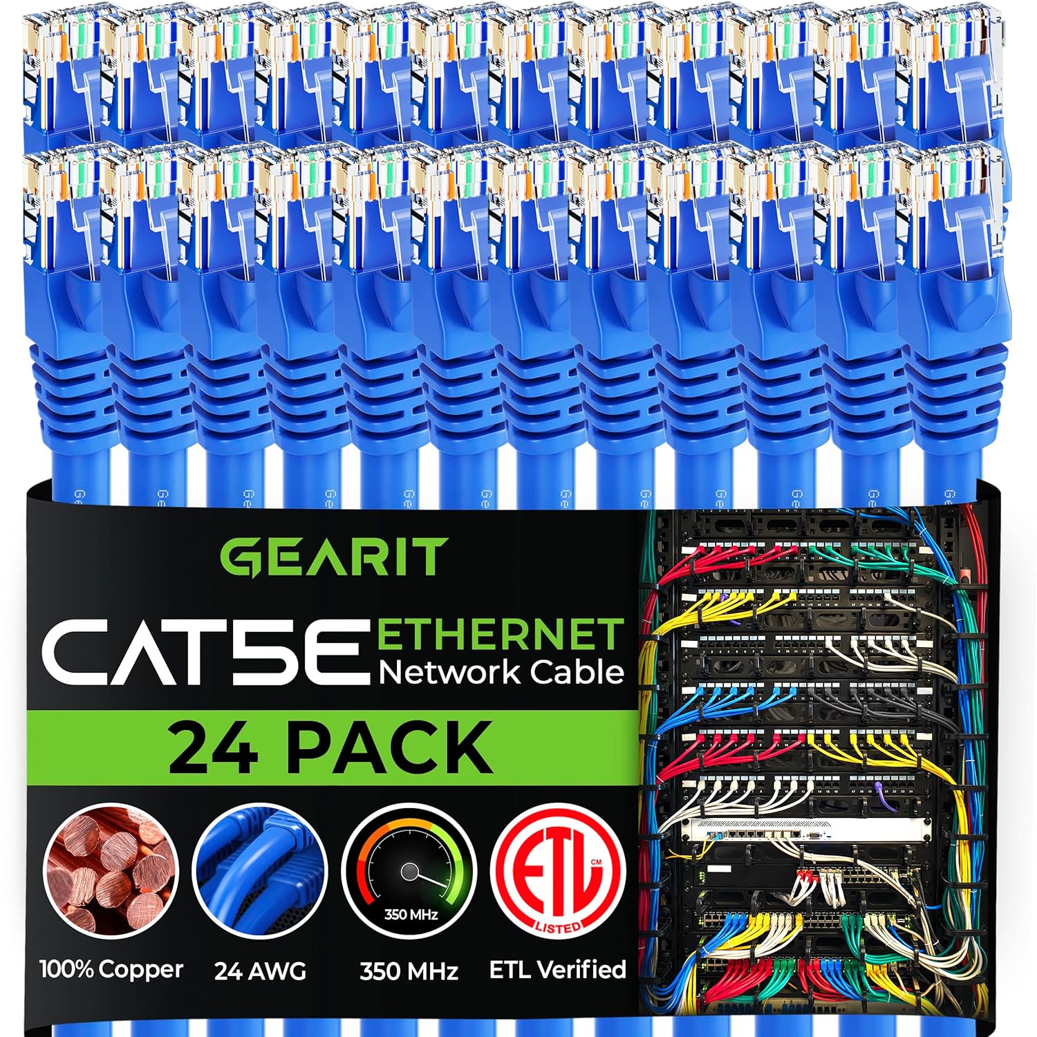 GearIT 24-Pack, Cat5e Ethernet Patch Cable 5 Feet - Snagless RJ45 Computer LAN Network Cord, Blue - Compatible with 24 48 Port Switch POE Rackmount 24port Gigabit