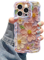 Jusy Compatible with iPhone 15 Pro Max, Colorful Retro Oil Painting Printed Flower Laser Glossy Pattern Cute Curly Wave Phone Case Soft TPU Cover for Girly Women - Light Purple
