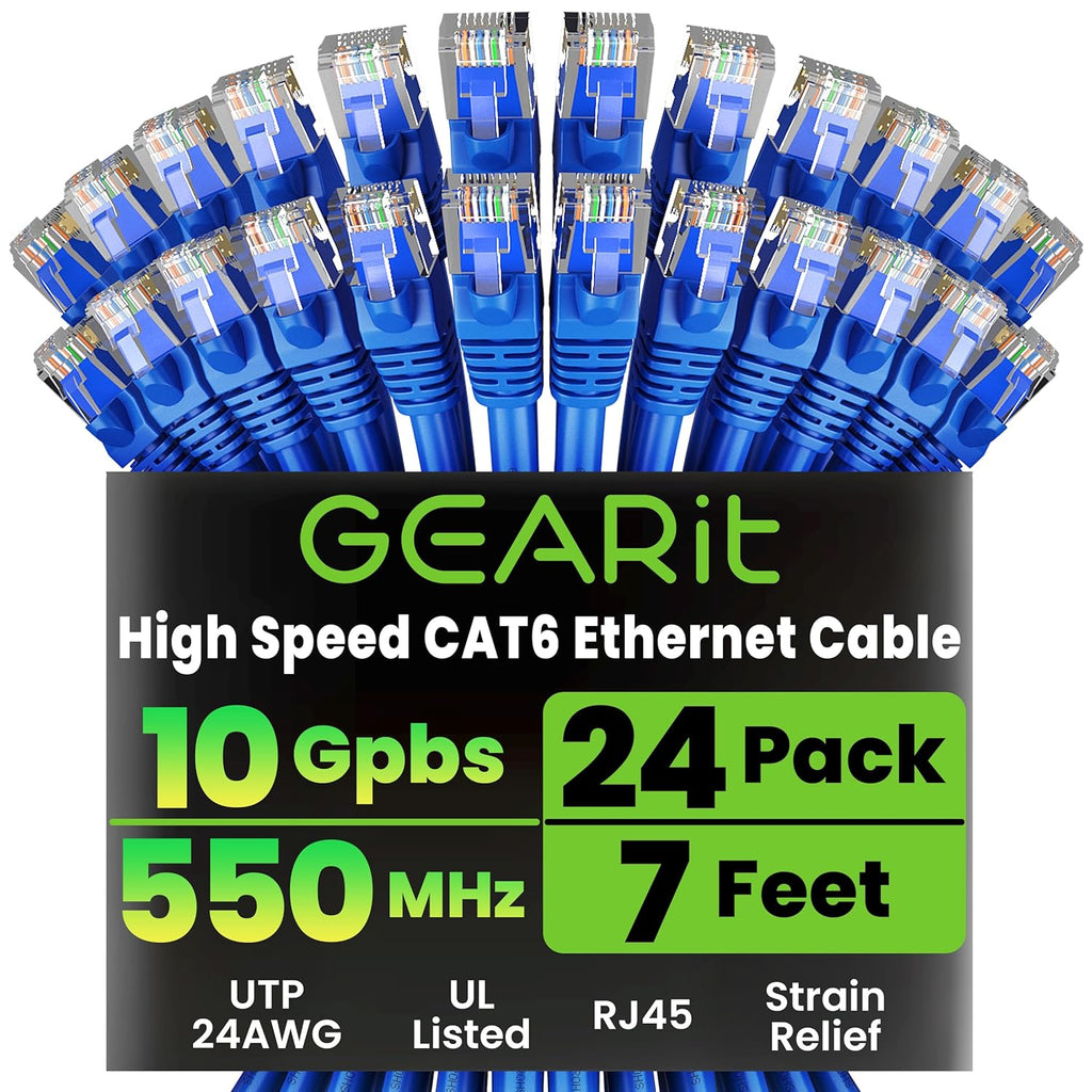 GearIT Cat 6 Ethernet Cable Pack - 24-Pack 7 ft Cat6 Ethernet Patch Cables | RJ45 Network Patch Cable, 10 Gbps Snagless Gold-Plated Connectors - Ethernet Cable Cat 6 for PC, TV, Router - Blue