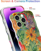 Jusy Compatible with iPhone 14 Pro Max, Colorful Retro Oil Painting Printed Flower Laser Glossy Pattern Cute Curly Wave Phone Case Soft TPU Cover for Girly Women - Green Yellow