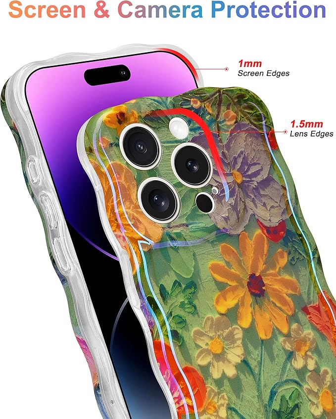 Jusy Compatible with iPhone 14 Pro, Colorful Retro Oil Painting Printed Flower Laser Glossy Pattern Cute Curly Wave Phone Case Soft TPU Cover for Girly Women - Green Yellow