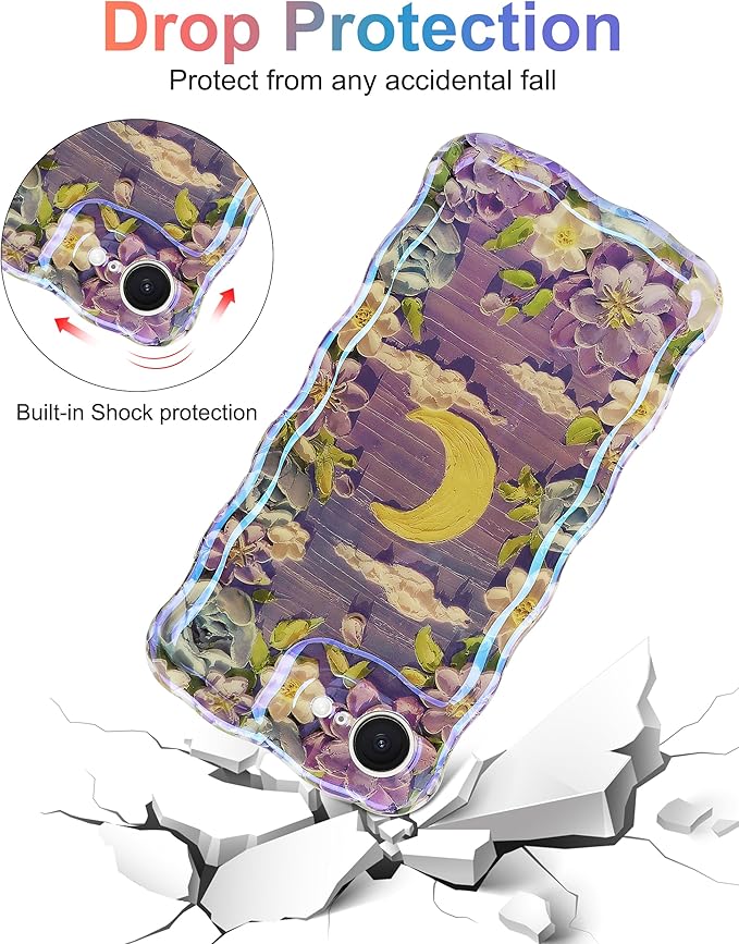 Jusy Compatible with iPhone 16e, Colorful Retro Oil Painting Printed Flower Laser Glossy Pattern Cute Curly Wave Phone Case Soft TPU Cover for Girly Women - Purple Moon