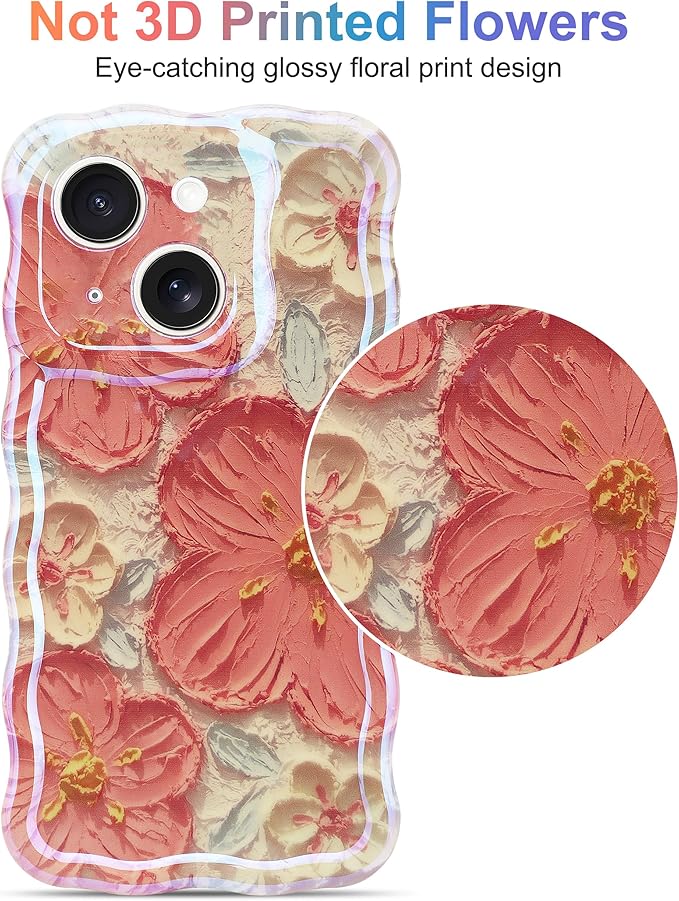 Jusy Compatible with iPhone 13, Colorful Retro Oil Painting Printed Flower Laser Glossy Pattern Cute Curly Wave Phone Case Soft TPU Cover for Girly Women - Orange White