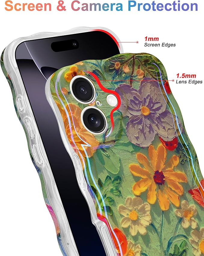 Jusy Compatible with iPhone 16, Colorful Retro Oil Painting Printed Flower Laser Glossy Pattern Cute Curly Wave Phone Case Soft TPU Cover for Girly Women - Green Yellow