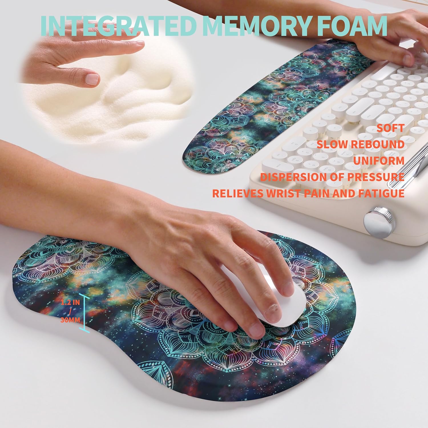 2-in-1 Ergonomic Set, Wave Rise Keyboard Wrist Rest and Massage Bulge Slope Mouse Pad Wrist Support, Cushion Memory Foam Integrated to Relieve Wrist Pain, Galaxy Mandala