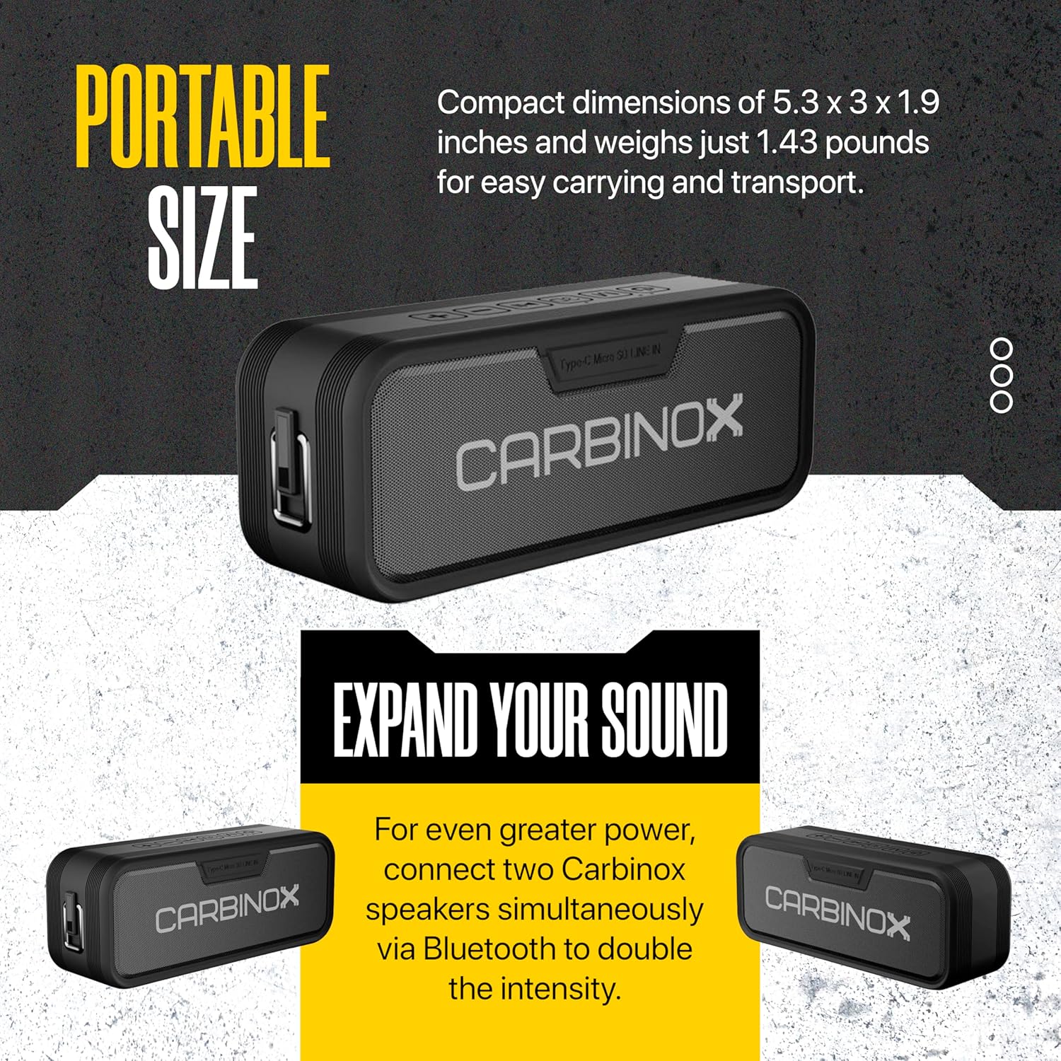 CARBINOX Portable Bluetooth Speaker with IPX7 Waterproof, Type-C Fast Charging, 3D Surround Sound, 18m Range, Black